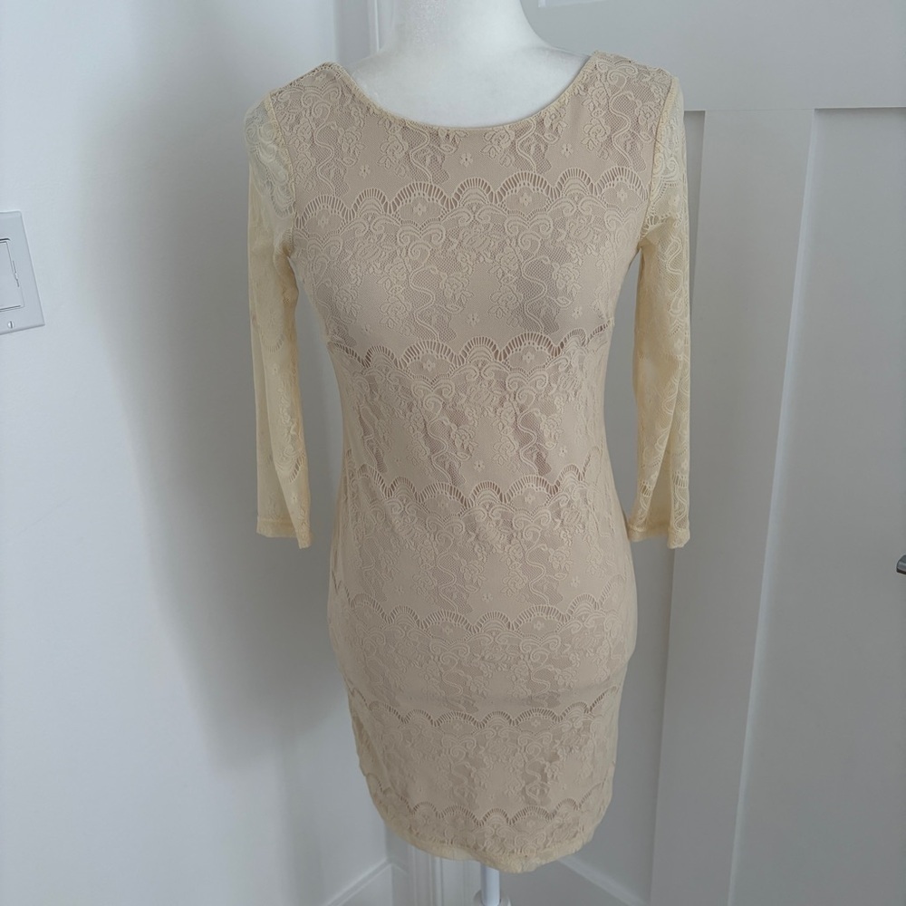 Pins and Needles Y2K Lace Sheath Dress Cream Womens M Made USA 3/4 Sleeve*G12